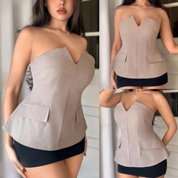 Tops - Strapless v detail long peplum flared out pocket front beige / tan tube top